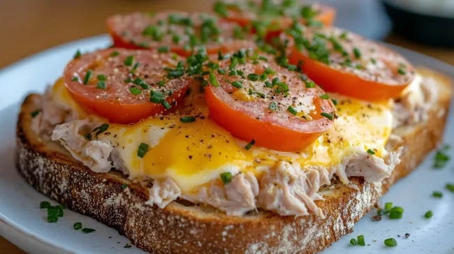 Appetitanregender Tomatensalat mit Ei auf Vollkornbrot