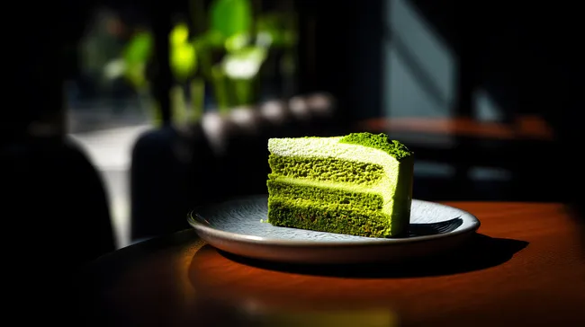 Appetitlich angerichteter Matchakuchen auf schwarzem Teller