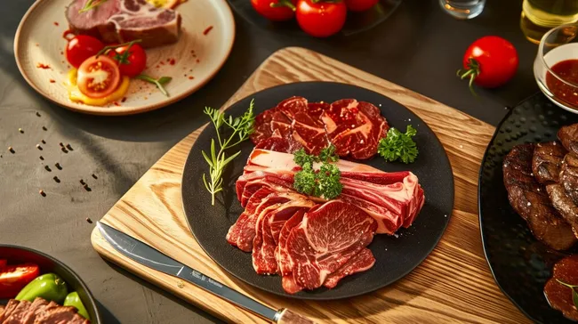 Appetitliche Fleischplatte mit frischen Tomaten und Kräutern