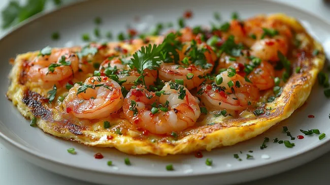 Appetitliche Garnelen-Omelett mit frischen Kräutern
