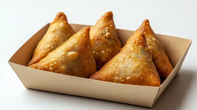 Appetitliche, goldbraune Samosa-Pasteten in Papierverpackung