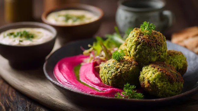 Appetitliche Grüne Falafel mit Rote-Bete-Tzatziki und Tahini-Dip