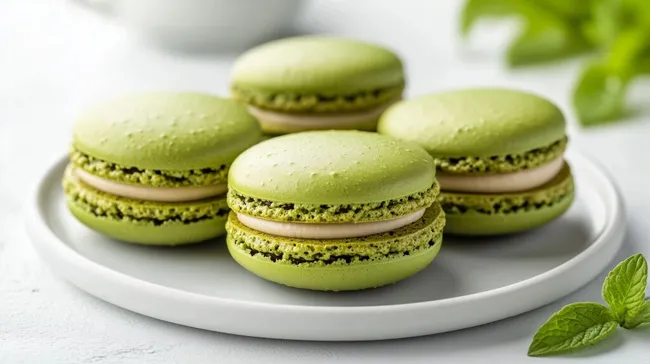 Appetitliche grüne Macarons auf weißem Teller