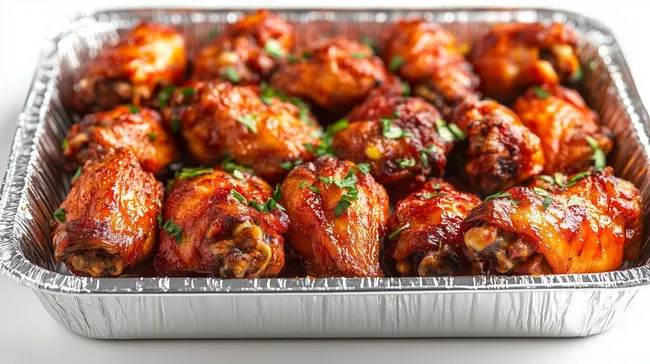 Appetitliche Hähnchenflügel in Aluminium-Schale
