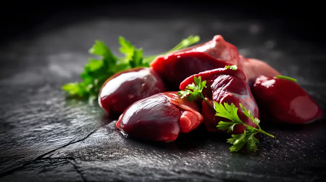 Appetitliche Hähnchenherzen mit Petersilie auf dunklem Untergrund