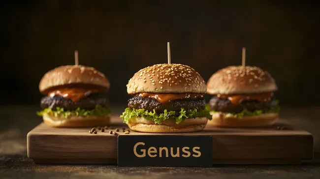Appetitliche Hamburger mit goldenem Genuss-Schriftzug