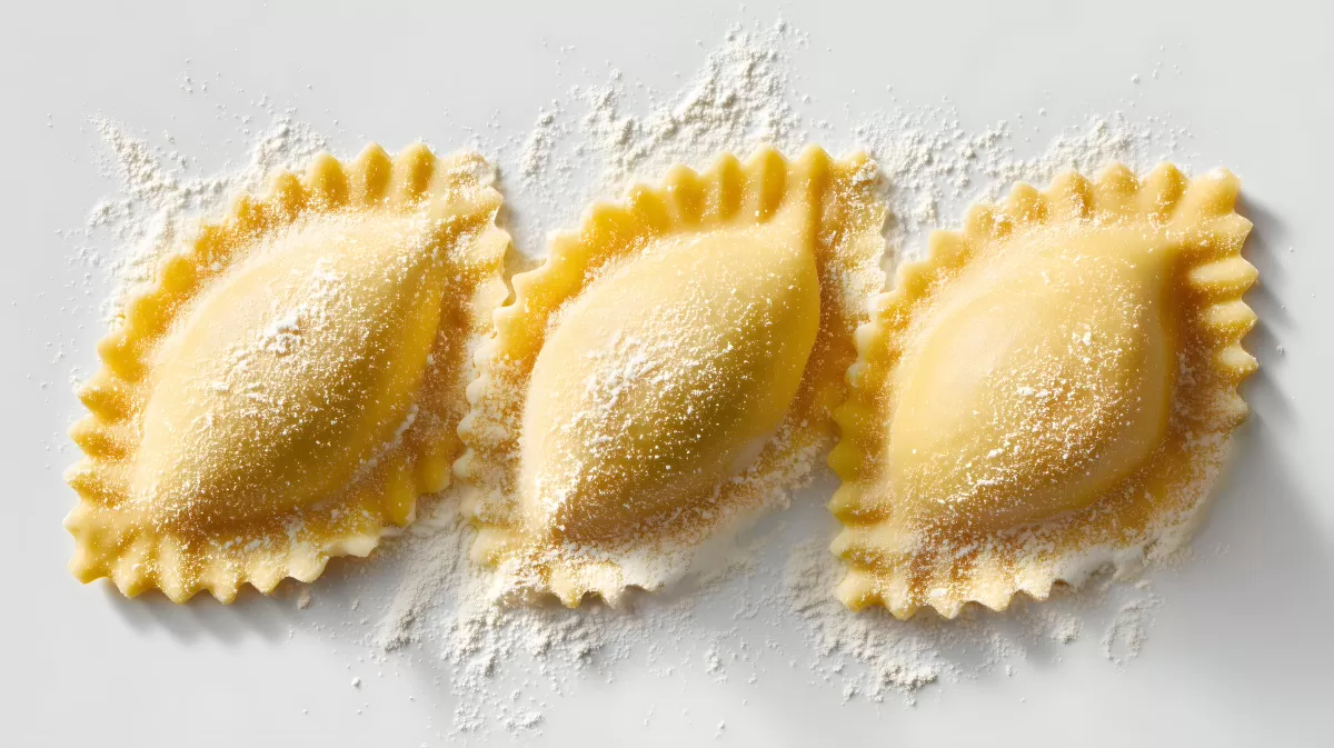 Appetitliche hausgemachte Ravioli mit Mehlstaub