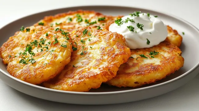 Appetitliche kartoffelpuffer mit sauerrahm