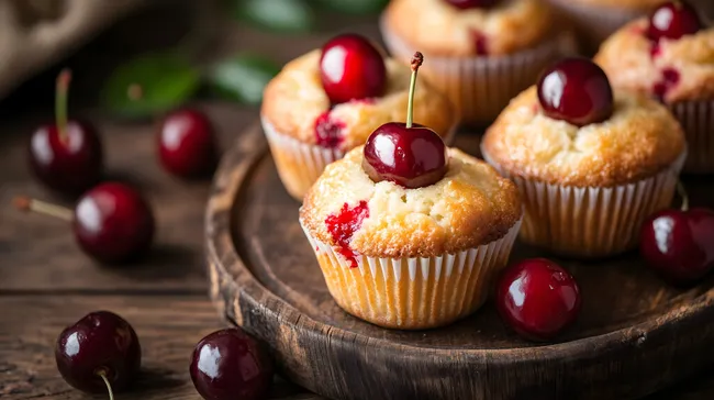 Appetitliche Kirschen-Muffins auf rustikalem Holzuntergrund