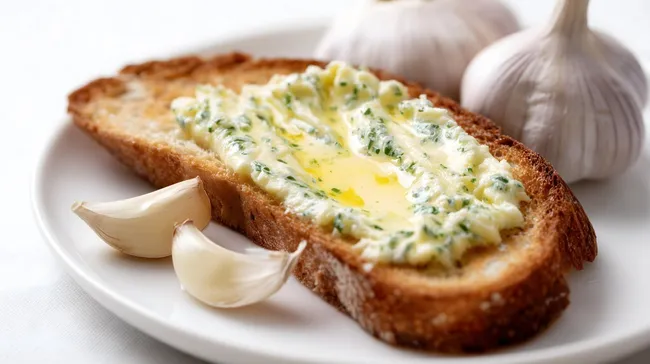 Appetitliche Knoblauchbutter auf geröstetem Brot