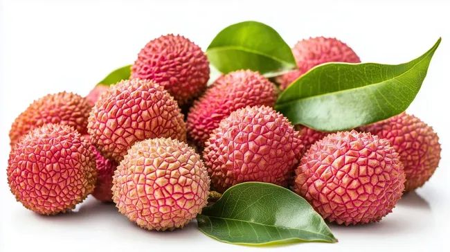 Appetitliche Litschi-Früchte mit grünen Blättern