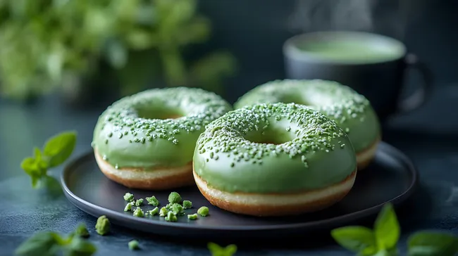 Appetitliche Matcha-Donuts mit Puderzucker-Glasur
