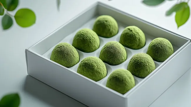 Appetitliche Matcha-Pralinen auf weißem Tablett