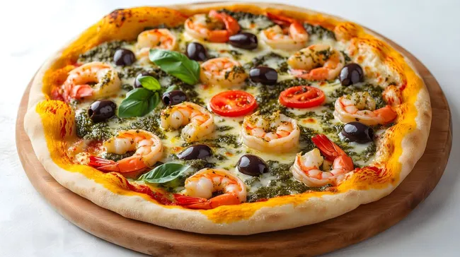 Appetitliche Mittelmeer-Pizza mit Garnelen und Pesto