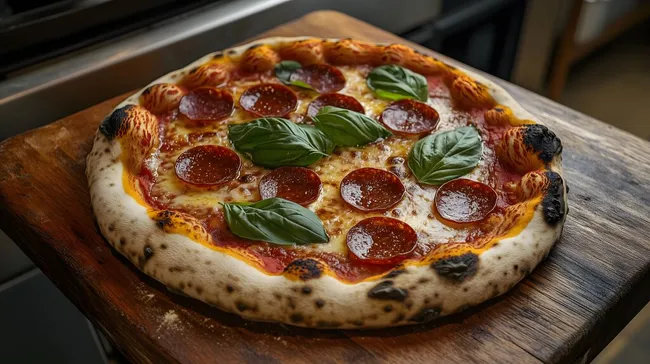Appetitliche Pepperoni-Pizza mit Basilikum auf Holzbrett