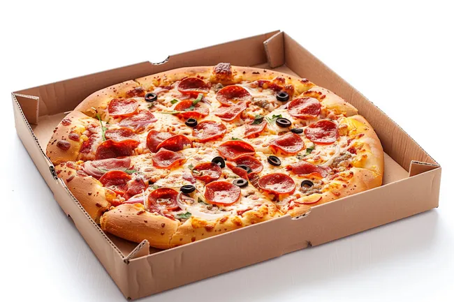 Appetitliche Pizza in Pappkarton