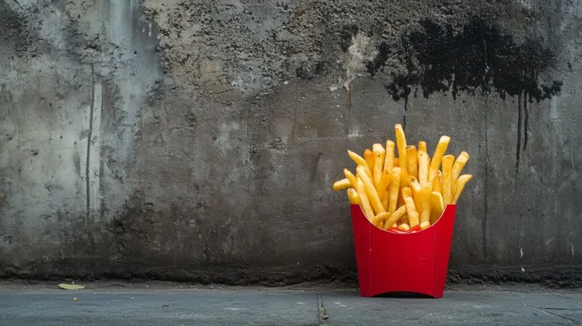 Appetitliche Pommes Frites in roter Box vor grauer Backsteinwand