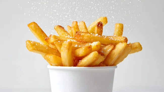 Appetitliche Pommes Frites mit Salz in weißem Becher