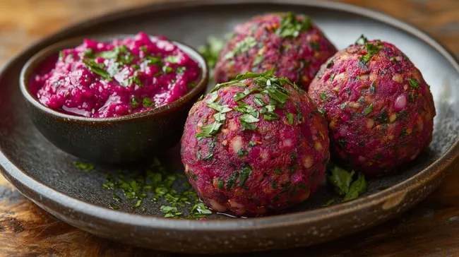 Appetitliche rote Bete Falafel mit Kräuterdip