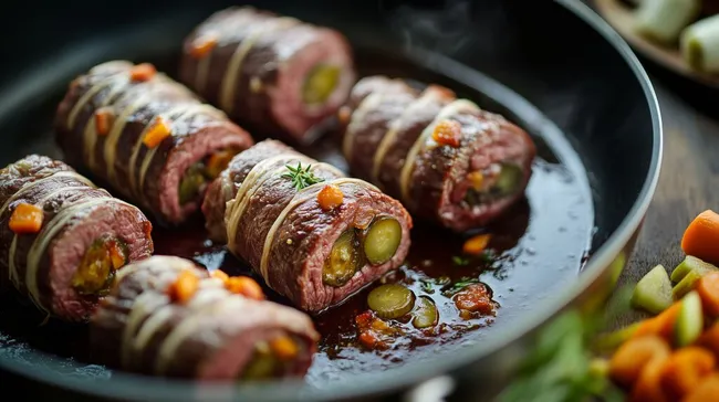 Appetitliche Rouladen mit Gewürzgurken in moderner Küchenszenerie