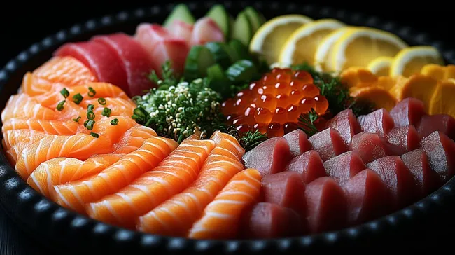 Appetitliche Sashimi-Platte mit Meeresfrüchten