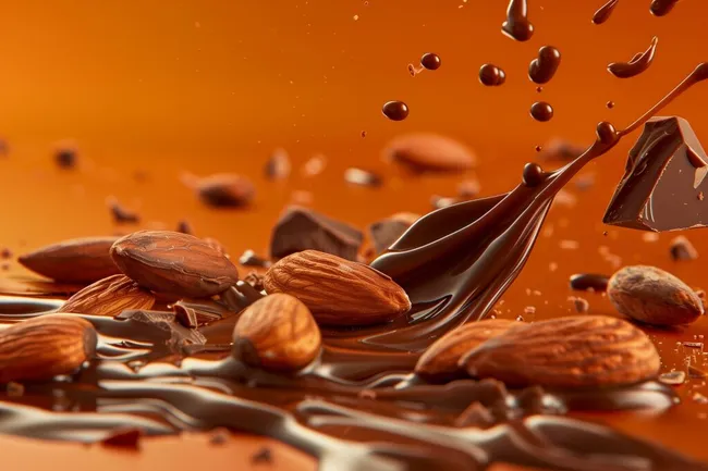 Appetitliche Schokolade und Mandeln auf oranger Oberfläche