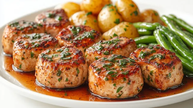 Appetitliche Schweinemedaillons mit Kartoffeln und Bohnen