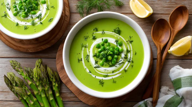Appetitliche Spargelsuppe mit Erbsen und Kräutern