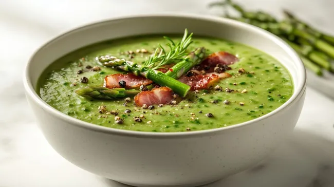 Appetitliche Spargelsuppe mit knusprigem Speck