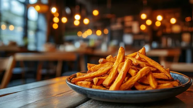 Appetitliche Süßkartoffel-Pommes in rustikaler Schüssel