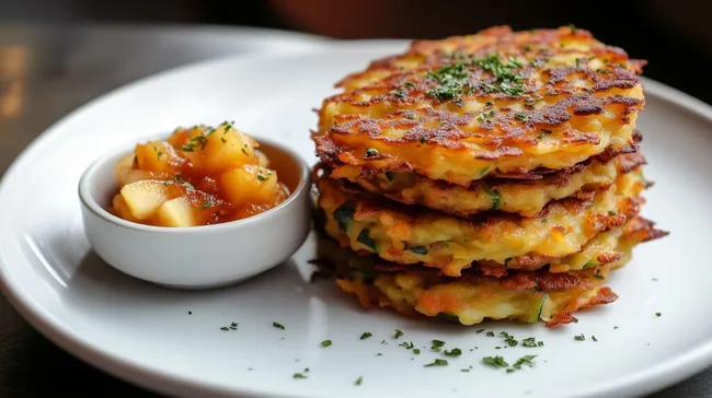 Appetitliche überbackene Gemüsepuffer mit Apfelkompott