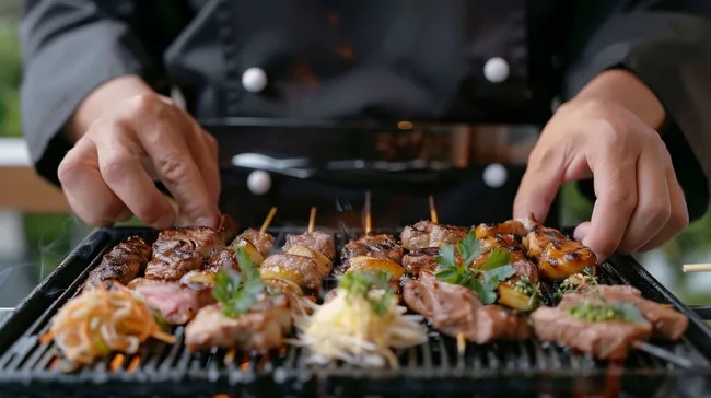 Appetitliche Yakitori-Spieße auf Grillrost