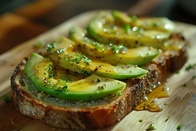 Appetitlicher Avocado-Toast mit Kräutern und Öl