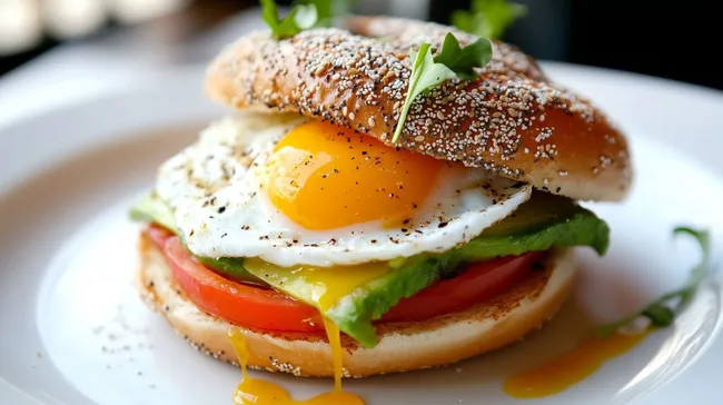 Appetitlicher Bagel mit Avocado und Spiegelei