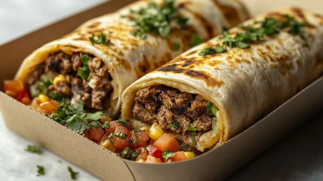 Appetitlicher Beef-Burrito in kompostierbarer Verpackung