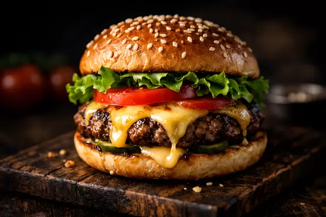 Appetitlicher Burger mit Käse, Gemüse und saftigen Fleischlaibchen