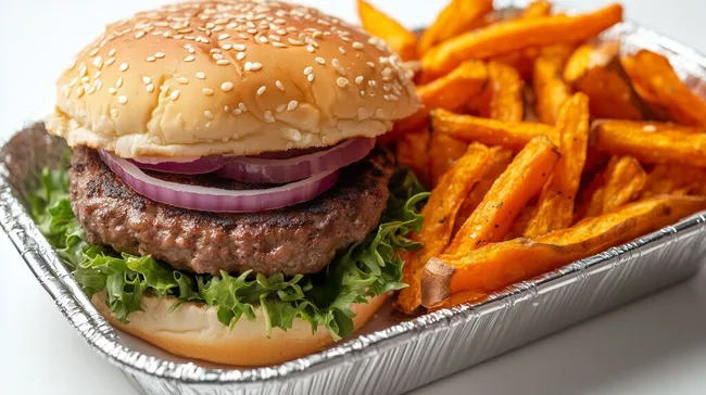 Appetitlicher Burger mit knusprigen Süßkartoffelpommes