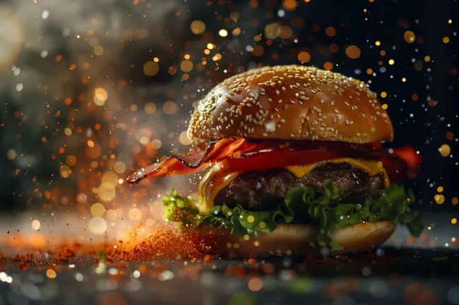 Appetitlicher Burger mit Sesam, Speck und Salat