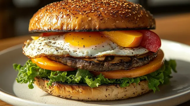 Appetitlicher Burger mit Spiegelei und Gemüse