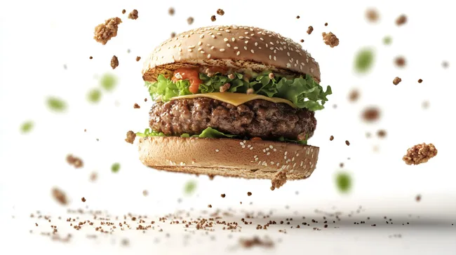 Appetitlicher Burger schwebt über Zutaten