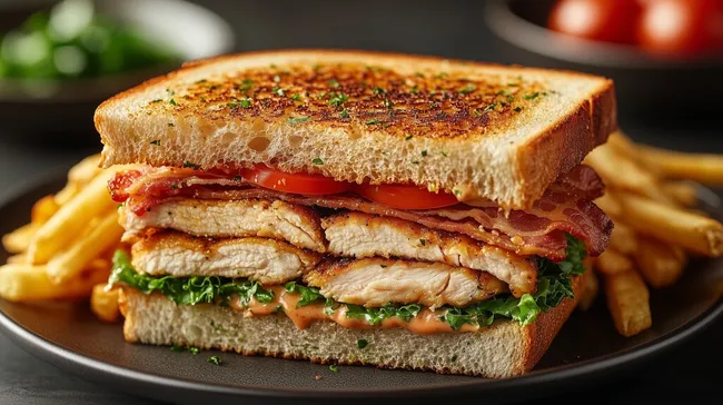 Appetitlicher Club-Sandwich mit Geflügel und Bacon