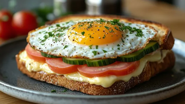 Appetitlicher Croque Madame mit Spiegelei und Gemüse