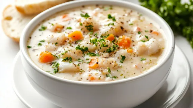 Appetitlicher Fischchowder mit Gemüse und Kräutern
