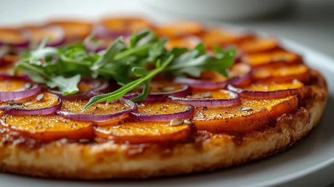 Appetitlicher gebackener Kürbis mit roten Zwiebeln und Rucola