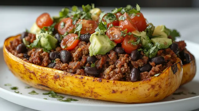 Appetitlicher gefüllter Kürbis-Taco mit Hackfleisch und Avocado
