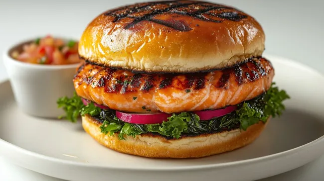 Appetitlicher gegrillter Lachsburger mit Salat
