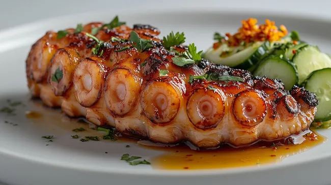 Appetitlicher gegrillter Oktopus mit Kräutern und Gemüsebeilage