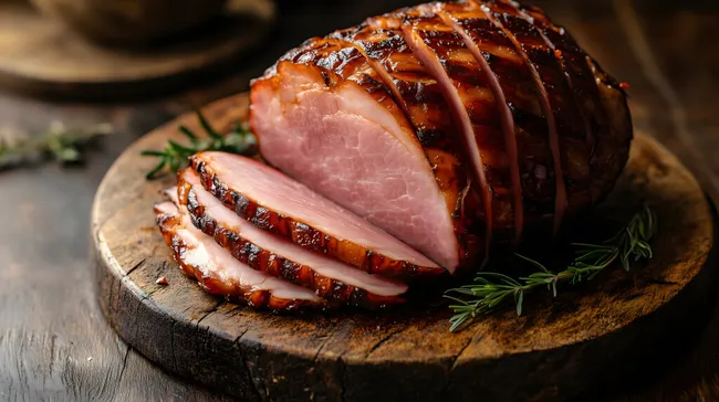 Appetitlicher, geräucherter Schinken auf rustikalem Holzbrett