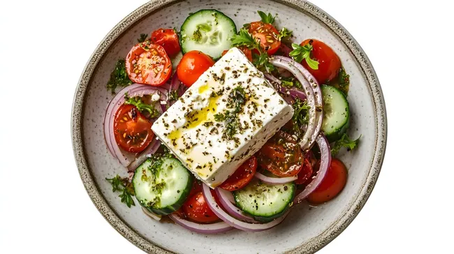 Appetitlicher griechischer Salat mit Feta und Gemüse