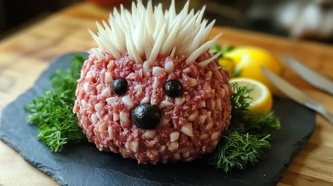 Appetitlicher Hackfleischigel mit Zwiebeln und Oliven